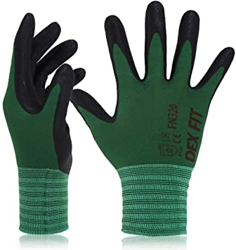 DEX FIT Gardening Work Gloves FN320, 3D Comfort Stretch Fit, Power Grip, Thin Lightweight, Durable Foam Nitrile Coating, Machine Washable, Forest Green X-Small 3 Pairs Pack