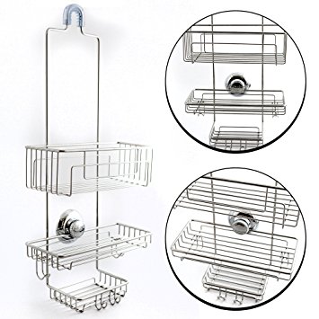 Gecko-Loc Over the Shower Head Tall Shower Caddy Organizer with Super Suction Cup & Shower Head Hanger - Stainless Steel Rustproof