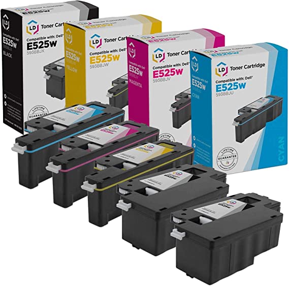 LD Products Compatible Toner Cartridge Replacement for Dell Toner E525 593-BBJX 593-BBJU 593-BBJV 593-BBJW Multi-Function E525w E525w (2 Black, 1 Cyan, 1 Magenta, 1 Yellow, 5-Pack)