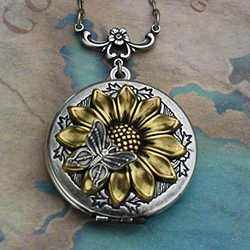 Sunflower and Butterfly Locket Necklace