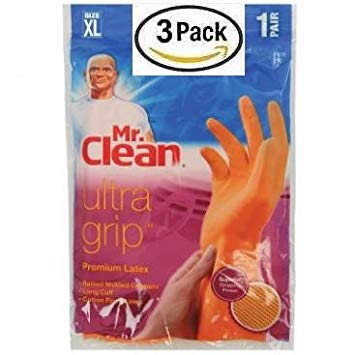 Mr. Clean 243038 Ultra Grip Latex Gloves with Grippers, X-Large, 3 Pairs, with Bonus