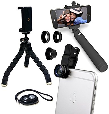 Eye-Pro iPhone Camera Accessories Lens Kit: Fisheye Wide Angle Macro Lenses, Remote Shutter, Selfie Stick, Flexible Tripod & Phone Mount fits iPhone 4 4s 5 5s 6 6s 7 iPad Samsung & Android Smartphones