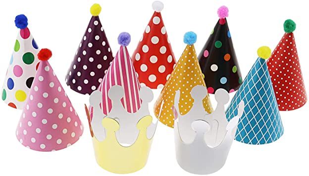 11Pcs Mini Party Hat Kit, 9 Cone Hat and 2 Crown for Birthday Holiday Kid Pet Family Party Deco Props