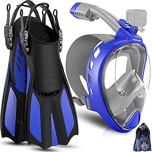 Odoland Snorkeling Package Set, Snorkeling Gear for Adults with Full Face Snorkel Mask Camera Mount, Adjustable Swim Fins, Mesh Bag, Anti-Fog Anti-Leak Scuba Gear for Men Women