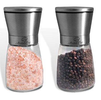 Salt Mill and Pepper Grinder Set by Abundant Chef Elegant Glass and Stainless Steel Design with Precision Adjustments for Course or Fine Spices