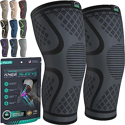 MODVEL 2 Pack Knee Compression Sleeve | Best Knee Brace | Knee Support for Arthritis, ACL, Meniscus Tear, Running, Biking, and Sports | Joint Pain Relief.