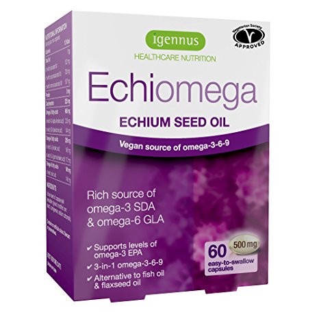 Echiomega Vegetarian Echium Seed Oil Omega-3-6-9 1000 Mg, 60% Better Than Flaxseed Oil for Increasing Omega-3 EPA, for Heart, Brain, Skin and Eye Health, Alternative to Fish Oil, 60 Softgels
