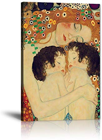 Yatsen Bridge Gustav Klimt Mother Love Twin Baby Painting Wall Decor Pictures Prints Nordic Style Canvas Posters Modern Home Artwork for Living Room Wooden Framed Giclee Ready to Hang(12''W x 18''H)