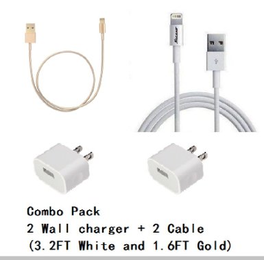 Combo Pack 2 X 2 Charger Set32 Ftwhite and 16ft Gold USB Data Cables and 2 X Wall Adapters for Iphone 5 5s 6 6 Plus 6s 4th Gen Ipad Ipad Air Ipad Air 2 Ipad Mini 123