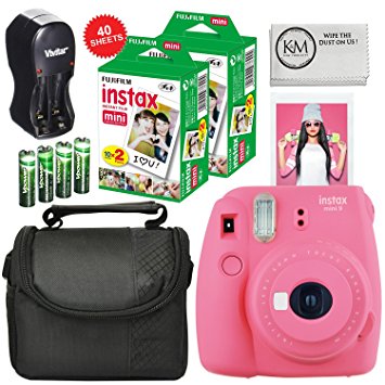 Fuji Instax Mini 9 Camera Pink   Carry Case   Rechargeable AA Batteries & Charger   Instax Mini Film (40 Sheets)