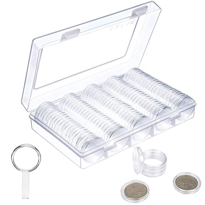 Farway 100pcs Coin Capsules Round Coin Holder Case with EVA Plastic Storage Box for Coin Collection Supplies with 1pc Plastic Magnifier（27MM）