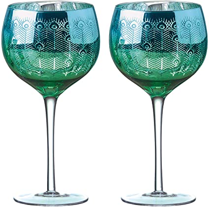 ARTLAND - Peacock Gin Glasses - Blue/Green & Silver - Set of 2-70cl Capacity Per Glass