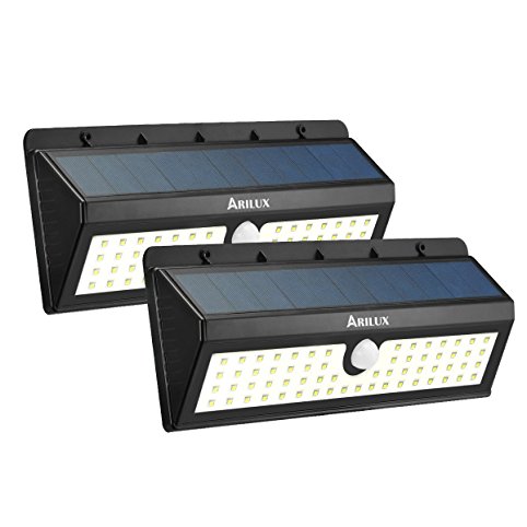 Solar Powered Sensor Light, ARILUX 3400mA 62 LED PIR Solar Panels Led Lights, Outdoor Waterproof Patio Wall Light with Three Intelligent Modes (2 pack)