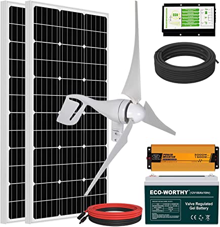 ECO-WORTHY 800W Solar Wind Power Kit: 1x 400W Wind Turbine   2X 195W Solar Panel   2X 100Ah Gel Battery   1x 1500W Inverter for Home/RV/Boat/Farm/Street Light and Off-Grid Appliances