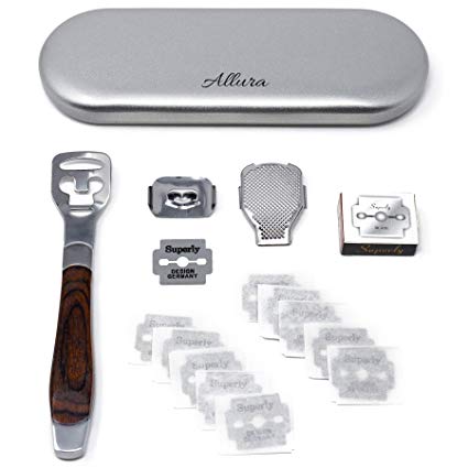 Allura Foot Care Pedicure Callus Shaver Cutter Rasp File Hard Skin Corn Remover Wood Handle 10 Blades (Case Included)