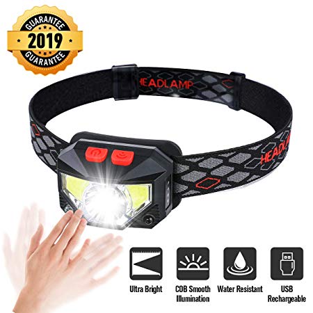 OUTERDO Headlamp, Sensor Head Torch LED Head Lights Waterproof LED USB Rechargeable with Super Bright White Light & Warn Red Light for Reading, Working, Camping, Walking, Waterproof Smart sensing