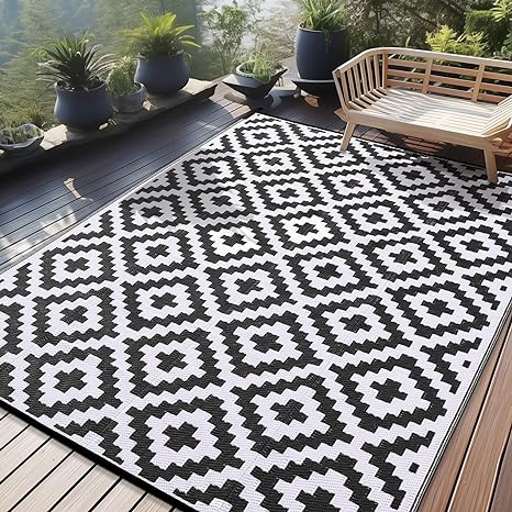 OLANLY Waterproof Outdoor Rug 8x10 ft, Reversible Plastic Straw Patio Rug for Camping, RV Mat Outside, Indoor Outdoor Carpet for Porch, Deck, Backyard, Camper, Balcony, Picnic, Black & White