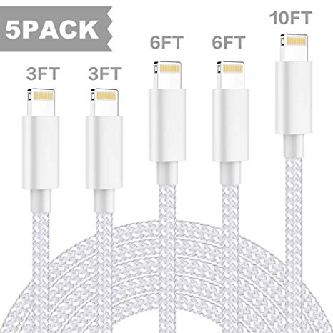iPhone Charger,TNSO MFi Certified Lightning Cable 5Pack (3/3/6/6/10ft) Extra Long Nylon Braided USB Fast Charging& Syncing Cable Compatible iPhone Xs MAX XR 8 8 Plus 7 7 Plus 6s 6s Plus SE More