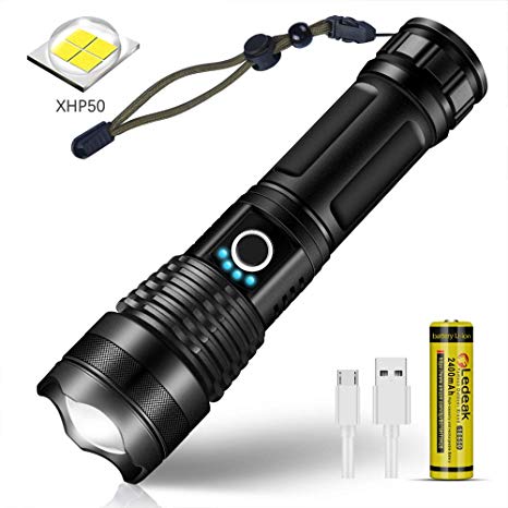 Ledeak LED Torch USB Rechargeable, Tactical Flashlight Super Bright CREE XHP50 Powerful High 3000 Lumens, 5 Modes Waterproof Zoom Torch Light for Camping Hiking Outdoor (18650 Battery Included)