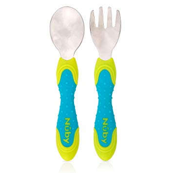 Nuby 2 Piece Stainless Steel Utensil, Blue/Green