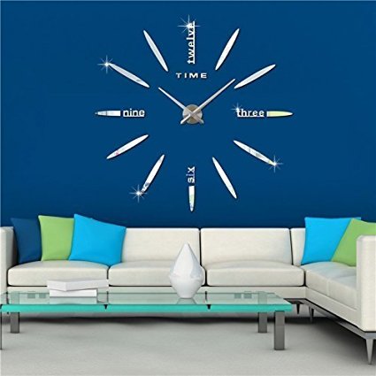 Elikeable Modern 3D Frameless Large Wall Clock Style Watches Hours DIY Room Home Decorations (Silver5)