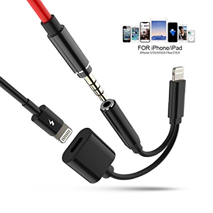Houbox Lightning To 3.5mm Jack Audio Headphone Adapter iPhone 7 8 Charger Cable, 2A 3-in-1 Lightning Charging Cord Support Music Control For Apple iPhone X 8 7 7S 6S 6 iPod iPad (Black)