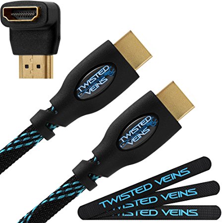 Twisted Veins 50’ High Speed HDMI Cable Truly 4K Capable   Right Angle Adapter and Three Micro Velcro Cable Ties (Latest Version Supports Ethernet and Audio Return)