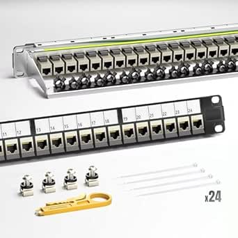 AMPCOM CAT7 Keystone Patch Panel 24-Port 1U with 10G Shielded Ethernet Inline Coupler - 19 Inch Rackmount &Wall Mount with Rear Support Bar