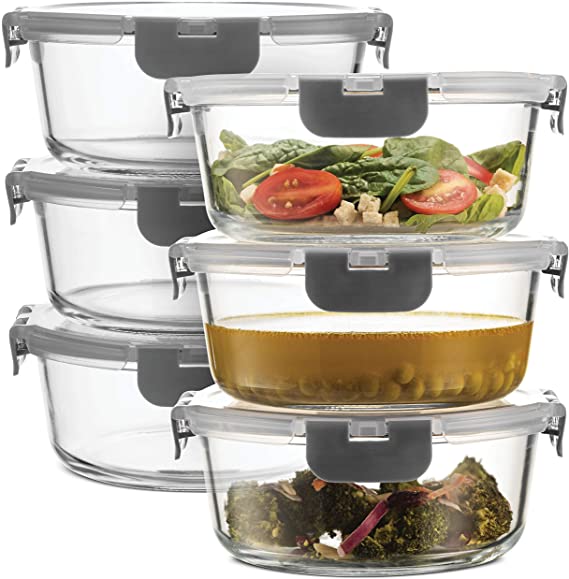 Superior Glass Round Meal Prep Containers -6pk(32oz) Newly Innovated Hinged BPA-free Locking lids- 100% Leak Proof Glass Food Storage Containers, Great on-the-go, Freezer to Oven Safe Lunch Containers