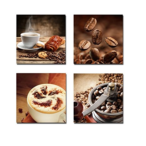 Wieco Art P4R1x1-08 4-Panel Canvas Print Warm Coffee Modern Canvas Wall Art, 12 by 12-Inch