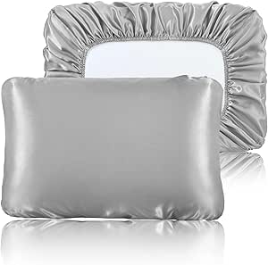 SiinvdaBZX Silver Grey Satin Pillowcase Standard/Queen Size, Silky Travel Elastic Band Satin Pillow Case for Hair and Skin, Soft Portable & Fit for Various Pillow