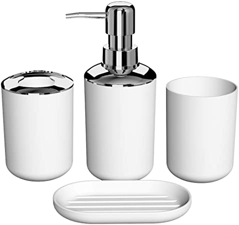 Yasolote 4 Pcs Plastic Bathroom Accessory Set,Bath Toilet Brush Accessories Set with Toothbrush Holder,Toothbrush Cup,Soap Dispenser,Soap Dish Gift (White)