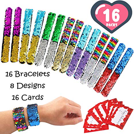 FiGoal 16 Pack Valentine's Day Cards with 16 Pack Mermaid Slap Bracelets Two-Color Decorative Reversible Charm Bracelets Magic Sequins Flip Wristband Kids Classroom DIY Gift Set Student Toy Present Party Favor Goodie Bag