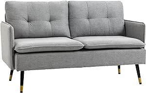 HOMCOM Two Seater Sofa for Living Room, Button Tufted Fabric Couch with Cushions, Grey