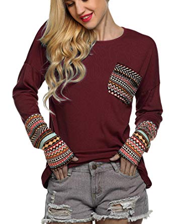 ACEVOG Women Long Sleeve Crew Neck Patchwork Casual Loose T-Shirt Blouse Tops