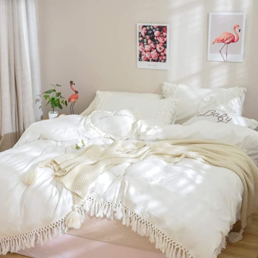 Softta Boho Bedding Tassel Duvet Cover Fringed Twin 3 Pcs 100% Washed Cotton Vintage and Elegant Ruffle Duvet Covers White