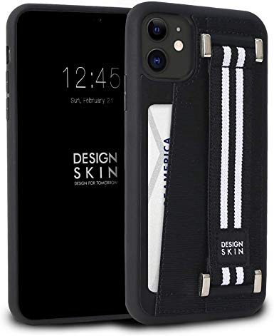 Design Skin Genuine Leather Phone Case and Card Holder for Apple iPhone 11, with Elastic Hand Strap for Extra Grip - Black