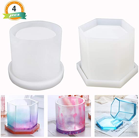 LET'S RESIN Large Resin Box Molds, 2Pcs Silicone Pot Molds and 2 Pcs Coaster Molds, Hexagon Rround Silicone Molds for Resin Coaster/Flower Pot/Pen Holder/Candle Holder