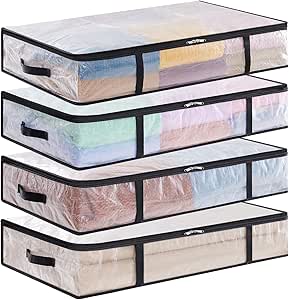 Lifewit Lot de 4 Sac de Rangement Transparent 60L, Boite Rangement Sous Lit Pliable avec Poignées, Sac de Rangement Vetement en PP pour Demenagement, Vêtements, Couvertures, Housse de Couette, Jouets