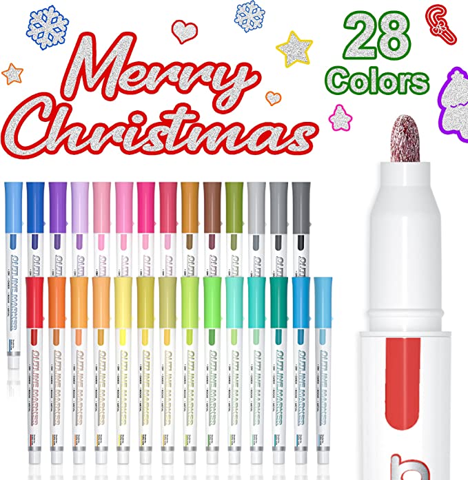 Shuttle Art Double Line Outline Markers, 28 Colors Squiggles Shimmer Markers Set, Self Outline Metallic Marker Pens for Art, Drawing, Doodling, Card Making, Christmas Greeting Card, DIY Crafts