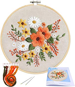 Full Range of Embroidery Starter Kit with Pattern, Kissbuty Stamped Embroidery Kit Including Embroidery Cloth with Pattern, Bamboo Embroidery Hoop, Color Threads Needle Kit (Flowers)