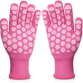 BBQ Gloves for Women: 932°F Heat Resistant Oven Gloves Non-Slip Grilling Kitchen Gloves for Barbecue, Cooking, Baking Pink
