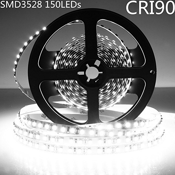 LightingWill LED Strip Light CRI90 SMD3528 16.4Ft(5M) 150LEDs Daylight White 5000K-6000K 30LEDs/M DC12V 12W 2.4W/M 8mm White PCB Flexible Ribbon Strip with Adhesive Tape Non-Waterproof H3528PW150N