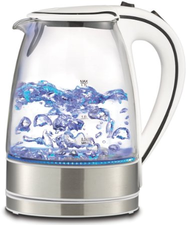 Royal 17L Cordless Glass Electric Hot Water Tea Kettle Blue LED Stainless Steel 50 oz White