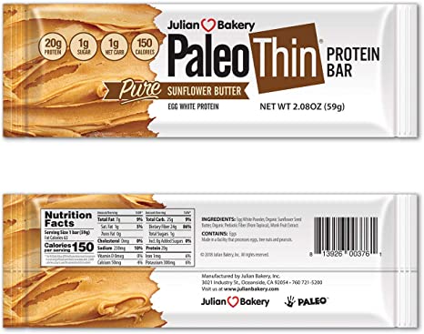 Paleo Thin® Protein Bar (Organic Sunflower Butter) (150 Cal, 20g Egg White Protein 5 Net Carbs) (12 Bars)