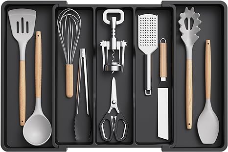 Lifewit Organizador de cajones de utensilios, Organizador cubiertos grande expandible para cocina, Soporte de cubiertos ajustable para cajon, Organizador cajones cocina, Plástico, Grande, Negro