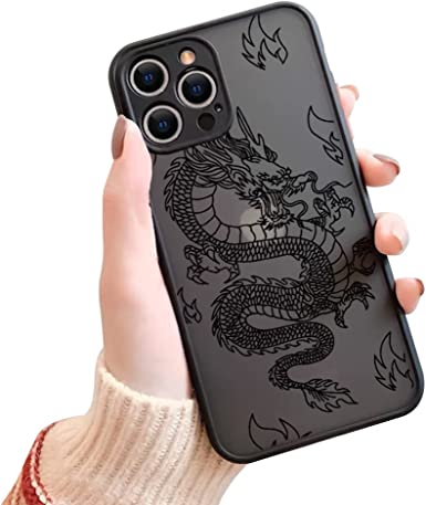 Ownest Compatible with iPhone 13 Pro Case for Clear Animal Dragon Cartoon Pattern Frosted PC Back 3D and Soft TPU Silicone Shockproof Protective Case for iPhone 13 Pro-Black-H