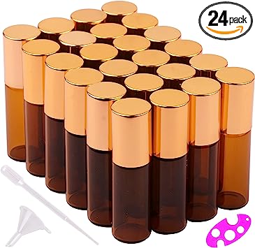 maxmau Pack of 24,5ml Amber Glass Roll on Bottle Essential Oil Roller Bottles With Stainless Steel Roller Balls and golden painted lids for Daily Aromatherapy Sample Test travel