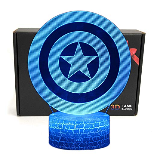 LED Superhero 3D Optical Illusion Smart 7 Colors Night Light Table Lamp with USB Power Cable (Captain America)