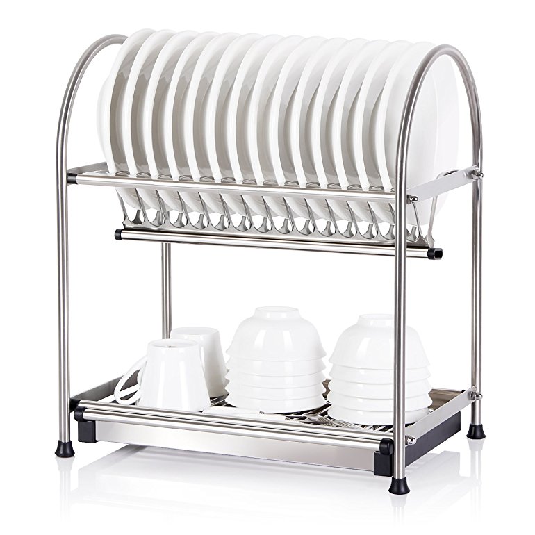 Lifewit 2-Tier Dish Rack Dish Drainer Cutlery Tableware Cup Draining Drying Storage Rack Holder with Draining Tray, 18/10 stainless Steel